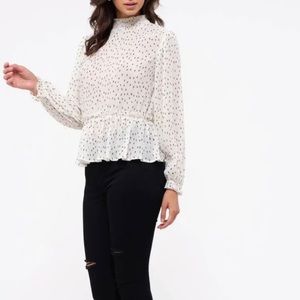 Wrinkle Effect Dot Print Mock Neck Blouse